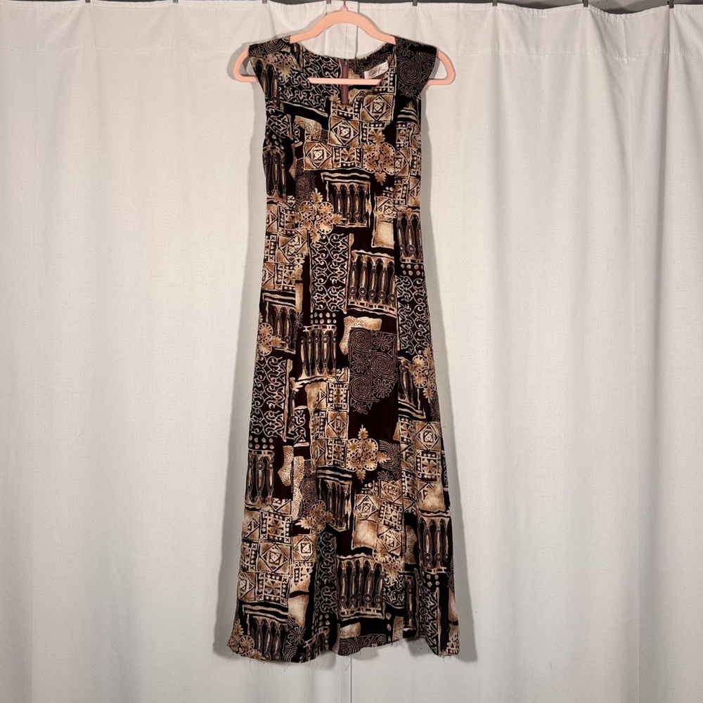 Vintage Brown Tribal Print Midi Dress